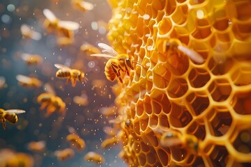 Mesmerizing Honeycomb Structures Navigating Obstacles with Graceful Precision in Cinematic 3D Render - obrazy, fototapety, plakaty