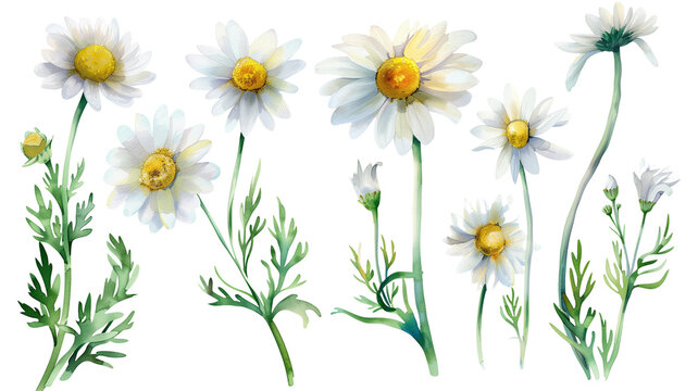 Beautiful floral set with watercolor hand drawn summer wild field chamomile flowers, isolated on transparent background.