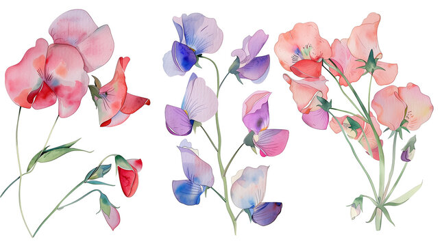 Beautiful floral set with watercolor hand drawn summer wild field sweet pea flowers, isolated on transparent background.