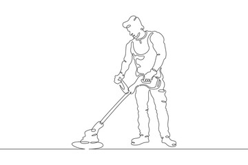 Gardener at work. Worker with garden tools. Farmer in the garden. Janitor. One continuous line . Line art. Minimal single line.White background. One line drawing.