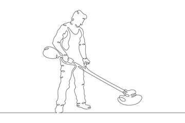 Gardener at work. Worker with garden tools. Farmer in the garden. Janitor. One continuous line . Line art. Minimal single line.White background. One line drawing.