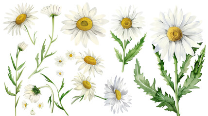 Beautiful floral set with watercolor hand drawn summer wild field daisy flowers, isolated on transparent background.