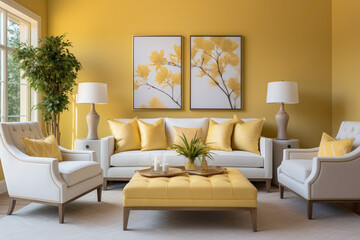 A cozy and inviting living area in warm mustard yellow tones, accentuating a blank white frame amidst comfortable seating and a cozy ambiance.