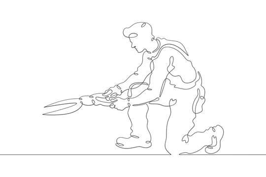 recommend clip art: Gardener at work. Worker with garden tools. Farmer in the garden. Janitor. One continuous line . Line art. Minimal single line.White background. One line drawing.