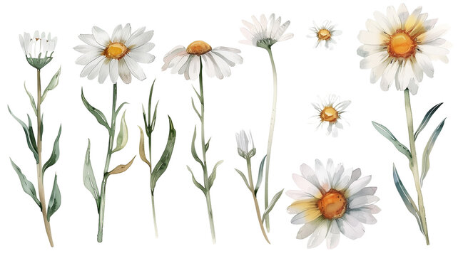 Beautiful floral set with watercolor hand drawn summer wild field daisy flowers, isolated on transparent background.