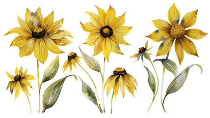 Beautiful floral set with watercolor hand drawn summer wild field black-eyed Susan flowers, isolated on transparent background. - obrazy, fototapety, plakaty