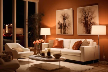 Fototapeten A cozy and inviting living area in warm caramel hues, accentuating a blank white frame amidst comfortable seating and soft lighting. © LOVE ALLAH LOVE