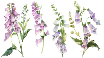 Beautiful floral set with watercolor hand drawn summer wild field foxglove flowers, isolated on transparent background. - obrazy, fototapety, plakaty