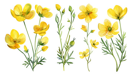 Beautiful floral set with watercolor hand drawn summer wild field buttercup flowers, isolated on transparent background.