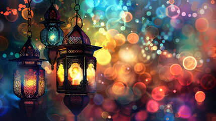 Ramadan lanterns glowing at night on a the occasion of Eid-ul-Fitr.	 - obrazy, fototapety, plakaty