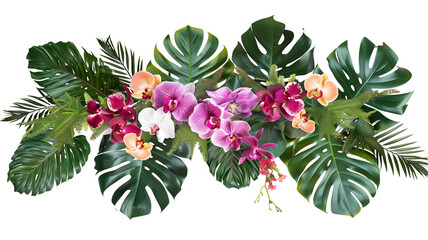 Tropical leaves and flowers garland bouquet arrangement mixes orchids flower with tropical foliage fern, philodendron and ruscus leaves, isolated on transparent background. - obrazy, fototapety, plakaty