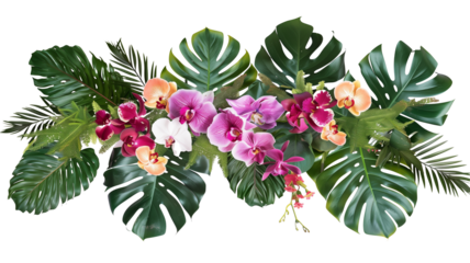 Tropical leaves and flowers garland bouquet arrangement mixes orchids flower with tropical foliage fern, philodendron and ruscus leaves, isolated on transparent background.