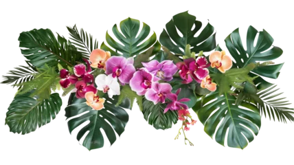 Tropical leaves and flowers garland bouquet arrangement mixes orchids flower with tropical foliage fern, philodendron and ruscus leaves, isolated on transparent background. © SRITE KHATUN
