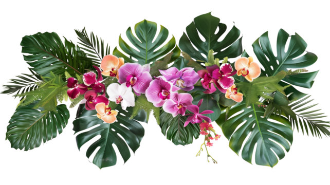 Tropical leaves and flowers garland bouquet arrangement mixes orchids flower with tropical foliage fern, philodendron and ruscus leaves, isolated on transparent background.