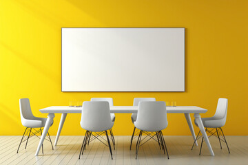 A contemporary yellow meeting room with a blank white empty frame.