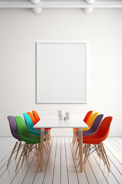 A contemporary white meeting room with colorful chairs and a blank white empty frame.