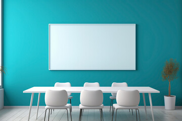 A contemporary turquoise meeting room with a blank white empty frame.