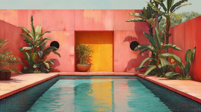 painting of a swimming pool in a house