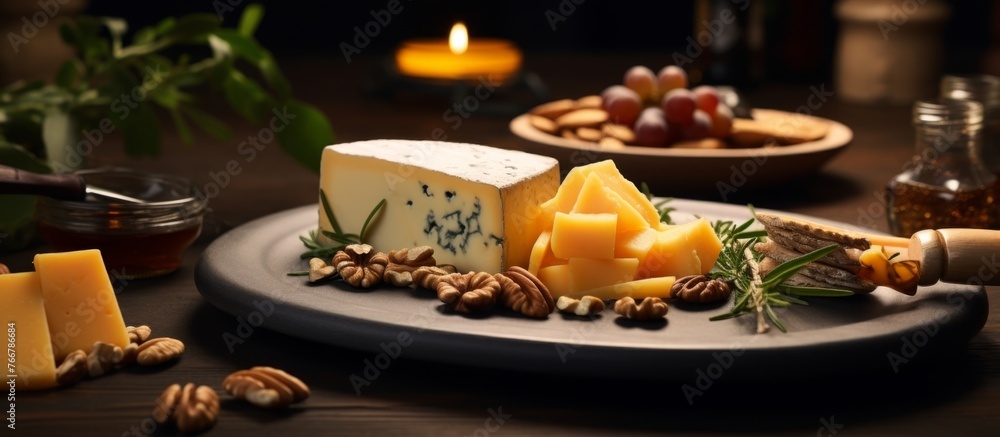 Poster A delicious plate featuring a variety of cheese, nuts, and grapes beautifully arranged on a wooden table. Perfect for a light snack or appetizer