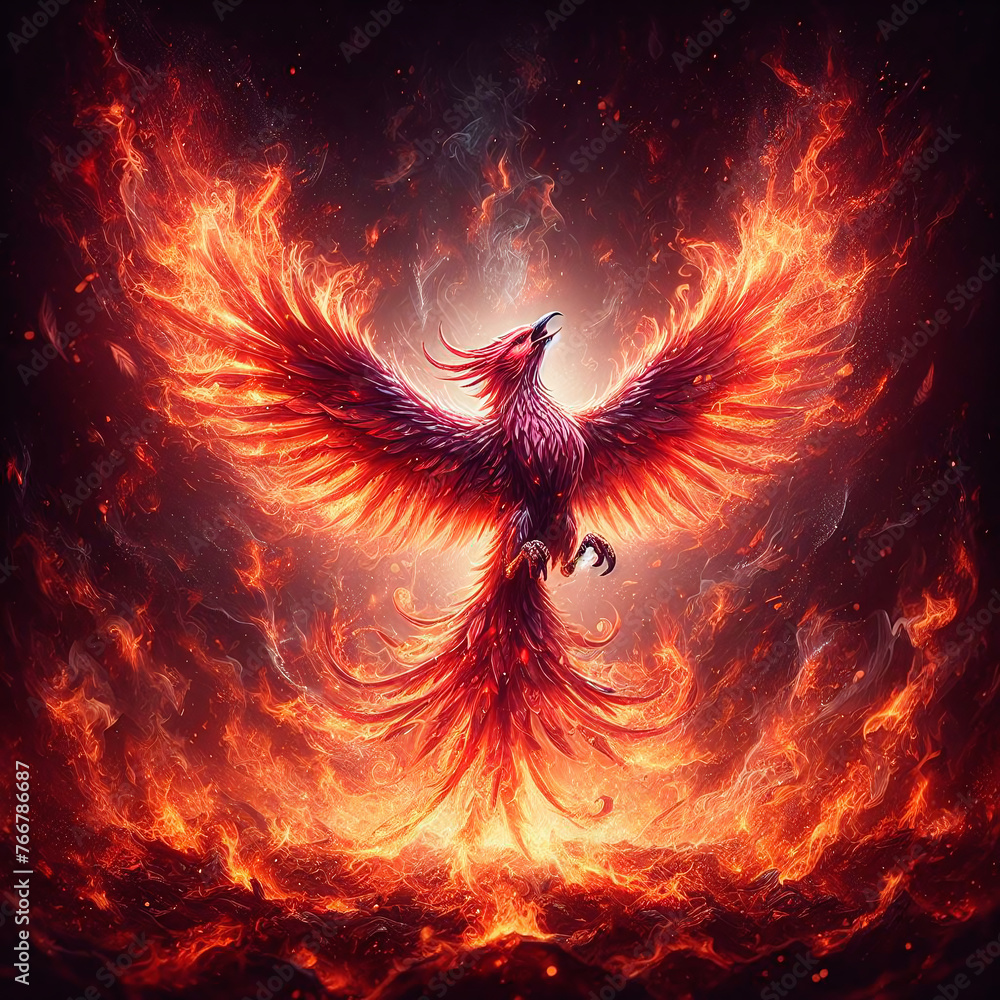 Poster 3d rendering of a flaming bird in the form of a phoenix