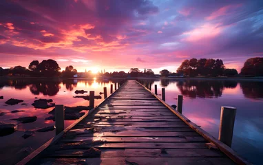 Fototapeten Wooden pier on the lake at sunset. place for fishing and relaxation © photosaint