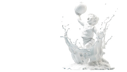 Splash of milk in form of boy's body with playing basketball and slam dunk, isolate on a transparent background.