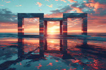 geometric shapes in nature at sunset. the concept of going through a portal to another world. new world and stage in life