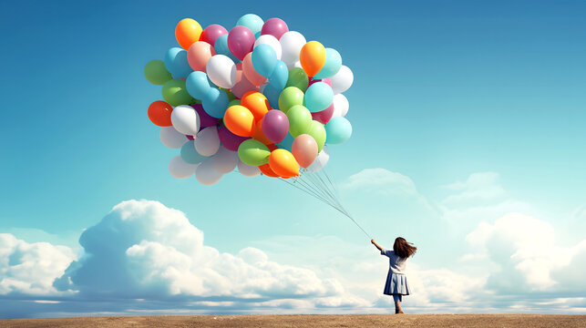 happy little girl with colored balloons against the blue sky.