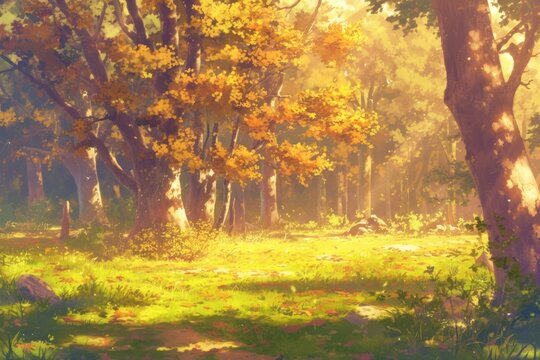 Autumn woodland forest background, wallpaper, anime