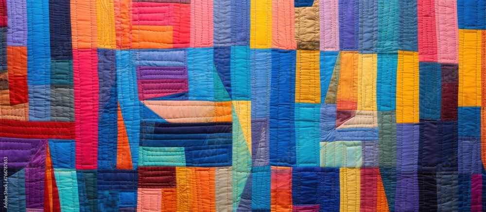 Poster close-up view of a vibrant and colorful quilt made of multiple fabric strips sewn together in a patc