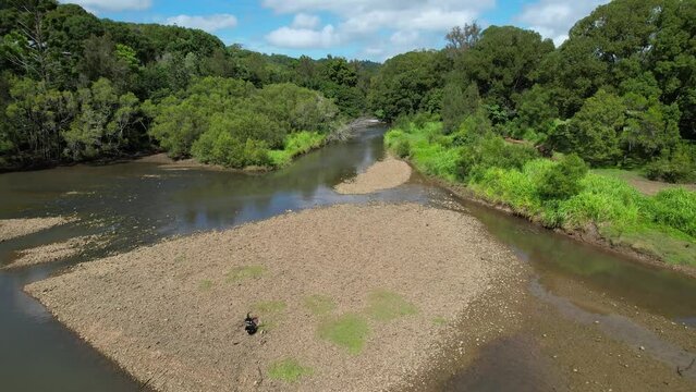 Idyllic View Currumbin Creek At  Robert Neumann Park In Currumbin Valley, Gold Coast, Queensland, Australia. Aerial Shot