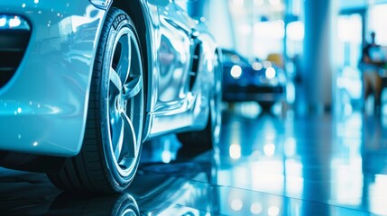 Luxury Car Showroom with Blue Vehicle