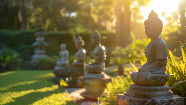 A serene garden filled with statues and monuments their shadows lengthening in the backlight.