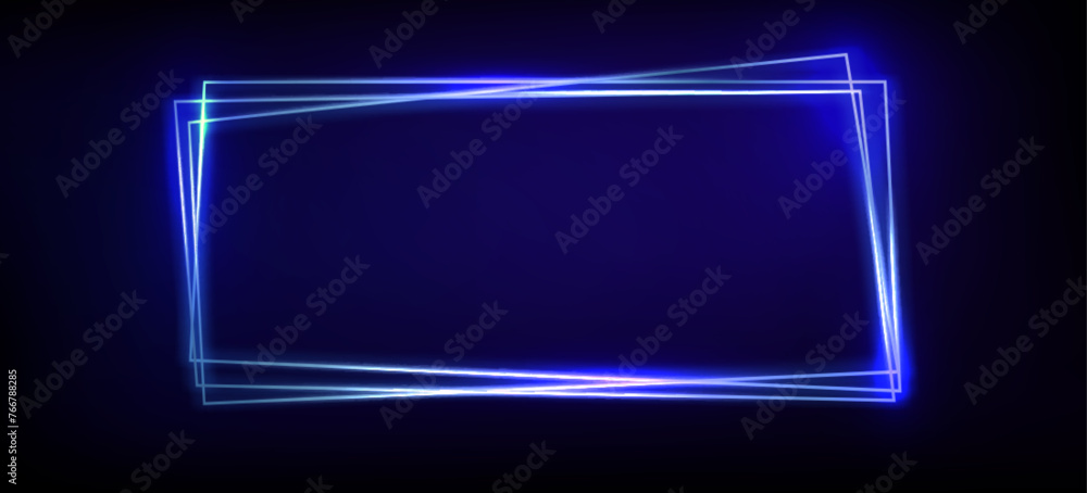 Poster blue neon glow rectangle frame. realistic vector illustration of triple border and text box. wall lu