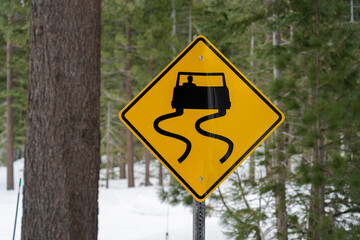 Slippery When Wet Road Sign with Snowy Winter Backdrop 