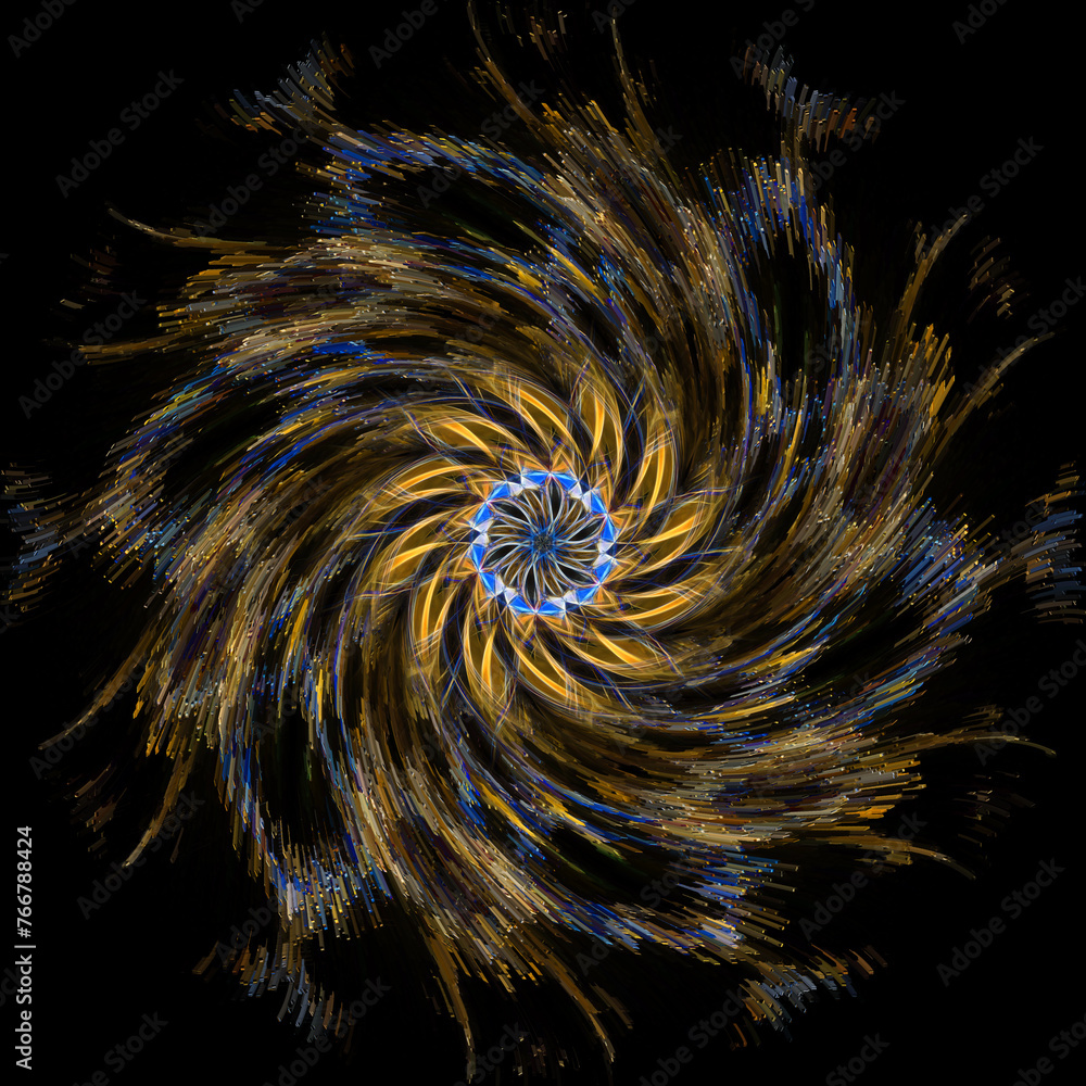 Poster rotating swirling and exploding firework style yellow gold and grey on black