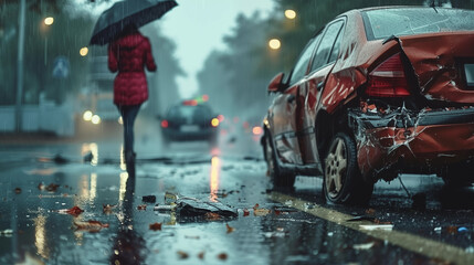 a rear-ended car with a woman walking away in the rain - car insurance claim - road safety regulation campaign - auto repair shop promotion - personal injury lawyer ads - obrazy, fototapety, plakaty