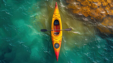 canoe boat, empty, in the center of the lake, view from above - obrazy, fototapety, plakaty