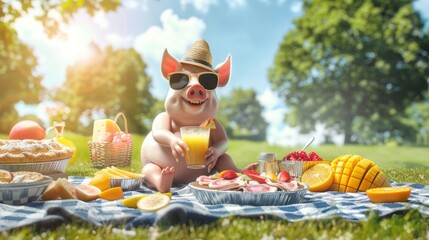 Cheerful anthropomorphic pig with sunglasses enjoying a sunny picnic with a variety of fresh foods on a green lawn.
