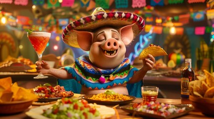 Delighted anthropomorphic pig dressed in a colorful sombrero and poncho celebrating with tacos and a margarita at a Mexican fiesta.