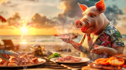A content anthropomorphic pig in a vibrant Hawaiian shirt grills a variety of meats on a barbecue at a beach sunset. - obrazy, fototapety, plakaty