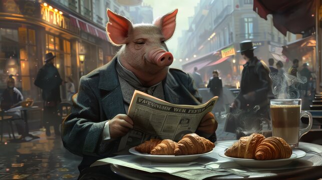 Anthropomorphic pig dressed in a coat reading a newspaper at a classic Paris cafe, with coffee and croissants.