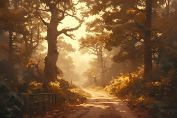 Autumn, forest road, background anime style, wallpaper