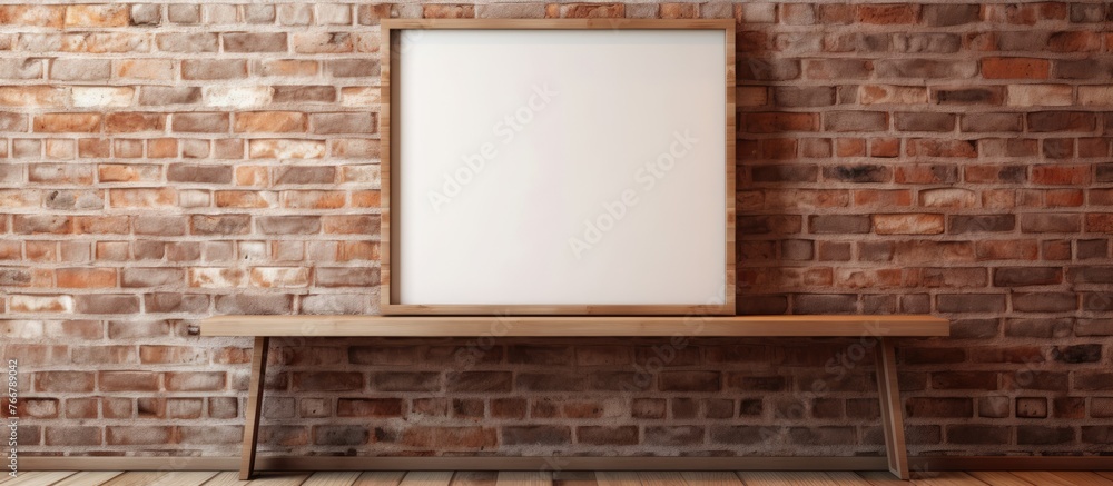 Poster a blank picture frame resting on a wooden bench against a textured brick wall, creating a rustic and