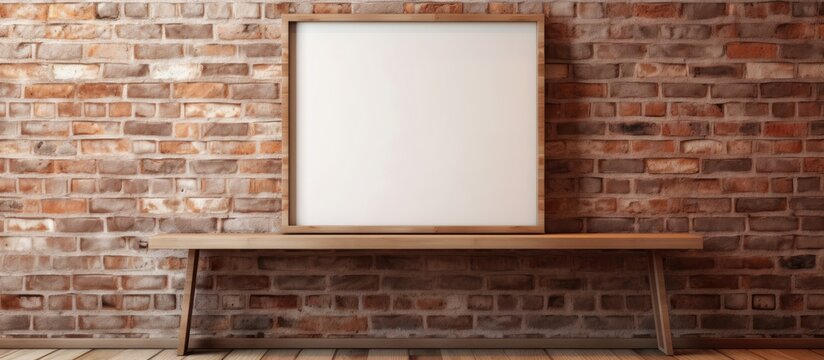 A blank picture frame resting on a wooden bench against a textured brick wall, creating a rustic and stylish display area