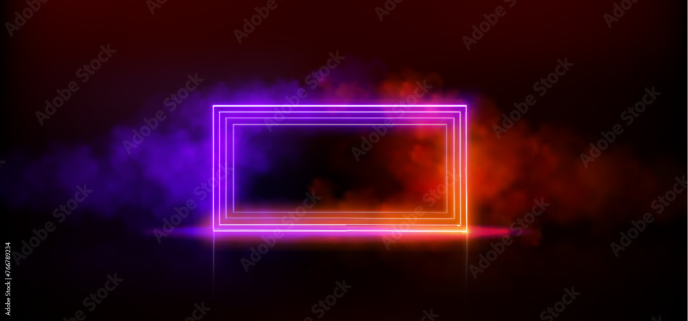 Poster neon light rectangle frame with smoke cloud. realistic 3d with rectangular triple portal or text bor