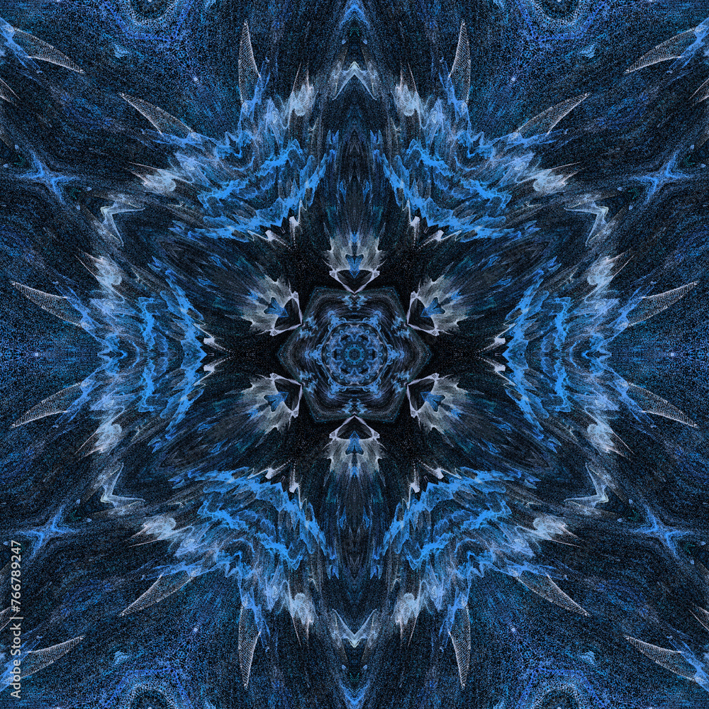 Poster exploding surface view blue and silver floral fantasy hexagonal design on textured background