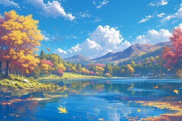 Autumn lake, anime wallpaper, nature