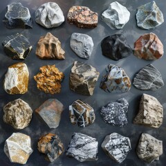 Collection of fossil rocks isolated on dark background