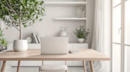 Soft focus on a home office setup with stylish furnishings and indoor plants. Resplendent. - obrazy, fototapety, plakaty
